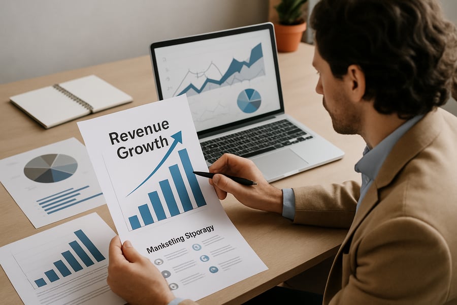 Marketing strategist analyzing revenue growth data Marketing strategist analyzing revenue growth data